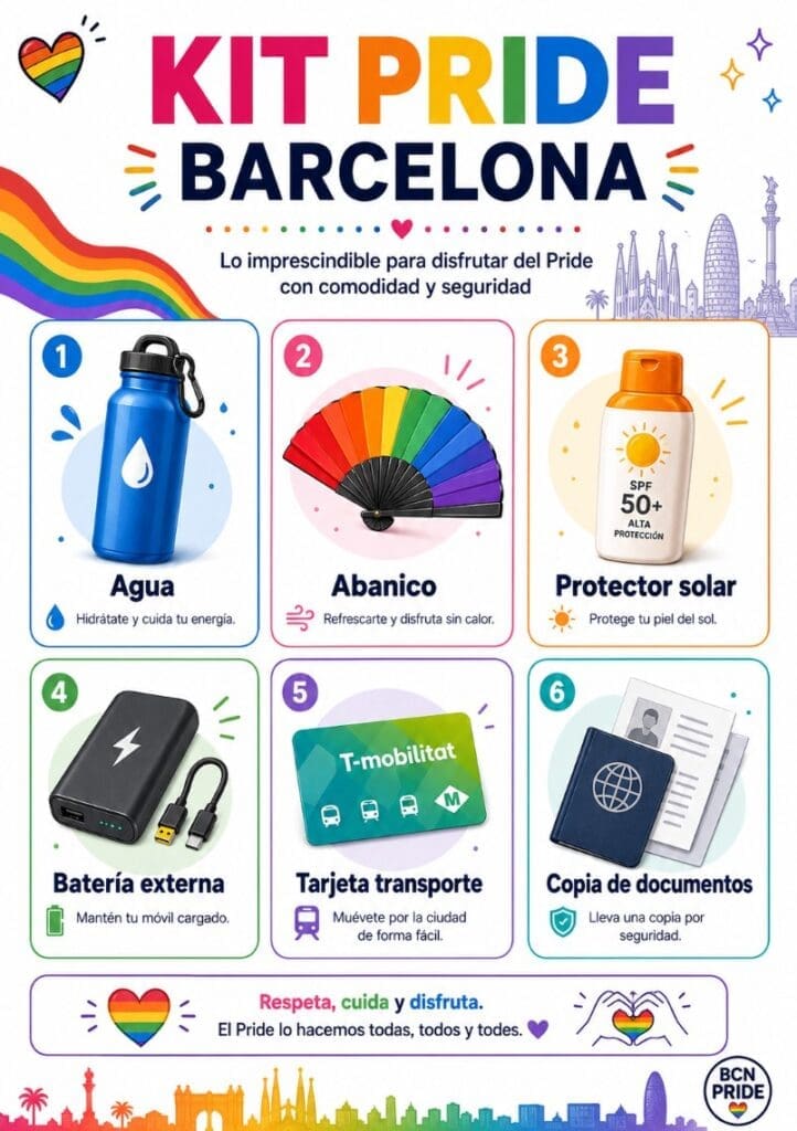 una infografía “Kit Pride Barcelona: agua, abanico, protector solar, batería externa, tarjeta transporte, copia de documentos