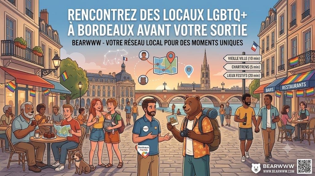 une bannière BEARWWW “Rencontrez des locaux LGBTQ+ à Bordeaux avant votre sortie”