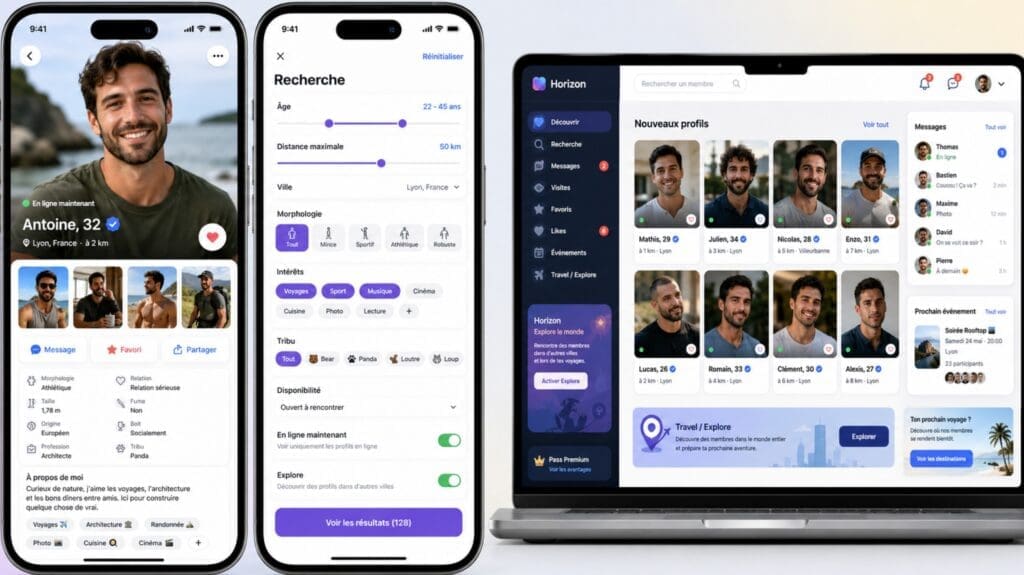 une capture montrant un profil détaillé, une recherche multicritère et une version web sur ordinateur