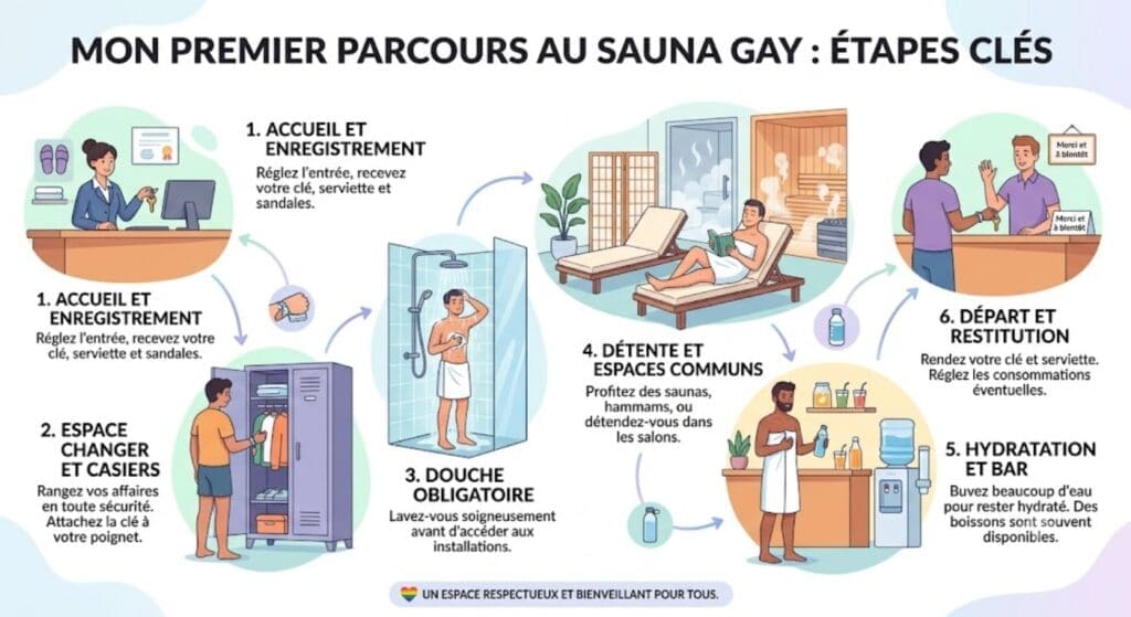 une infographie SFW montrant le parcours d’une première visite au sauna gay: accueil, casier, douche, détente, hydratation et départ