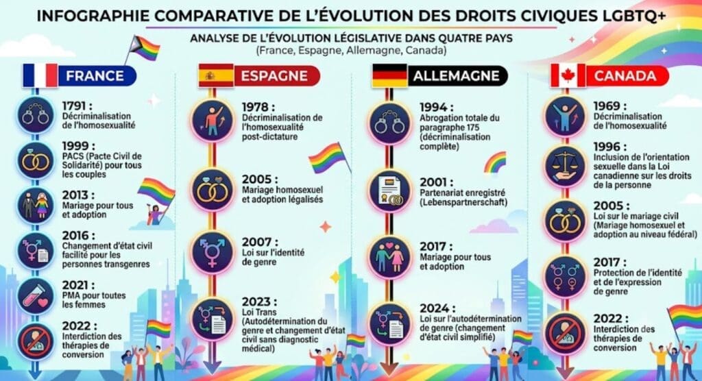 une infographie comparative de l’évolution des droits civiques LGBTQ+ dans les 4 pays France, Espagne, Allemagne, Canada