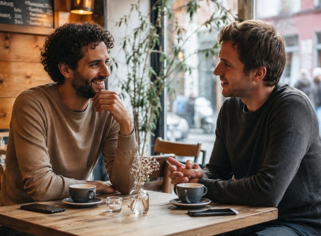 une photo chaleureuse de deux hommes discutant dans un café, téléphones posés face contre table