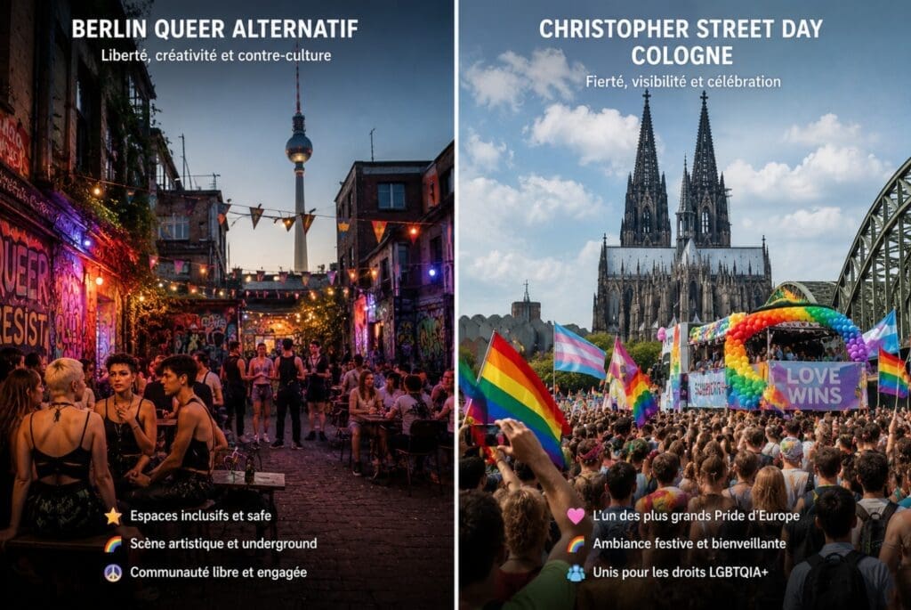 une photo de Berlin queer alternatif et une photo du Christopher Street Day à Cologne