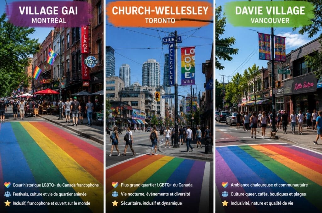 une photo du Village gai de Montréal, de Church-Wellesley à Toronto et de Davie Village à Vancouver