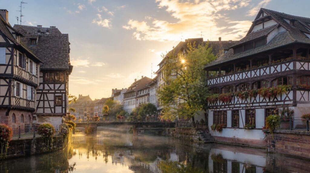 une photographie authentique de la Petite France au lever du jour