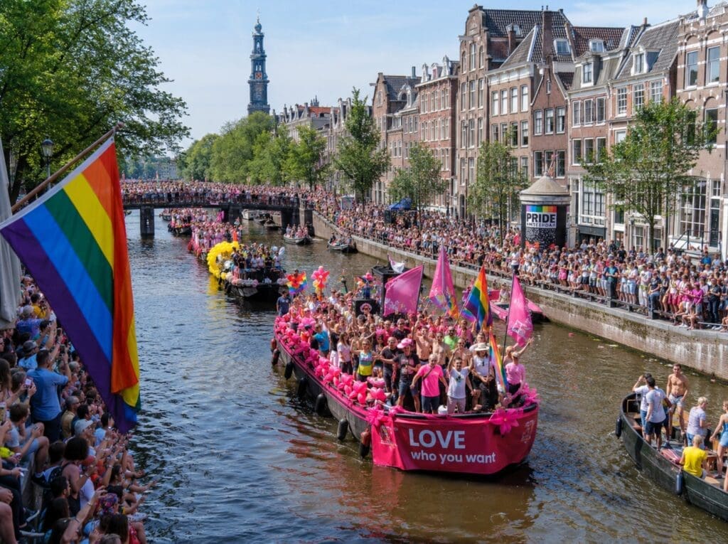 une photographie colorée de la Canal Pride, vue depuis un pont, avec bateaux décorés, foule festive et drapeaux arc-en-ciel