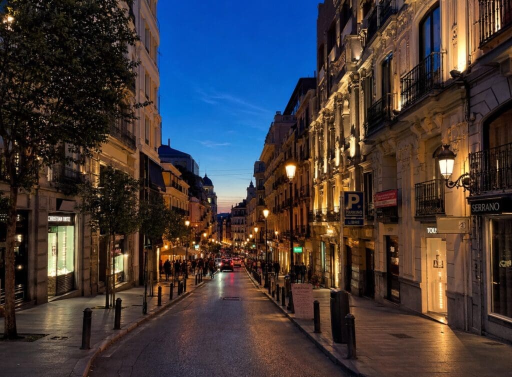 une photographie de la Calle de Pelayo au début de la soirée, avec façades éclairées