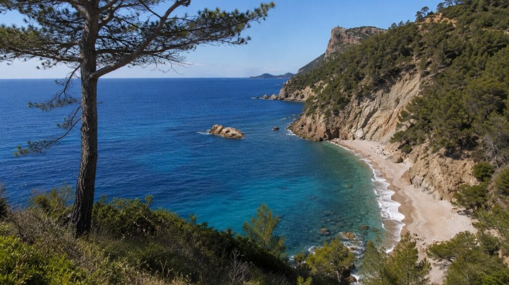 une photographie de la plage du Monaco depuis le sentier supérieur, montrant les pins, la mer et le relief de la côte.