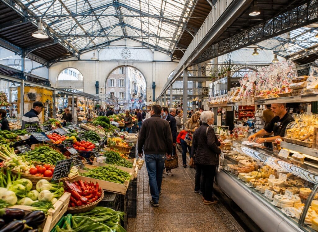 une photographie des Halles de Nîmes pendant le marché matinal
