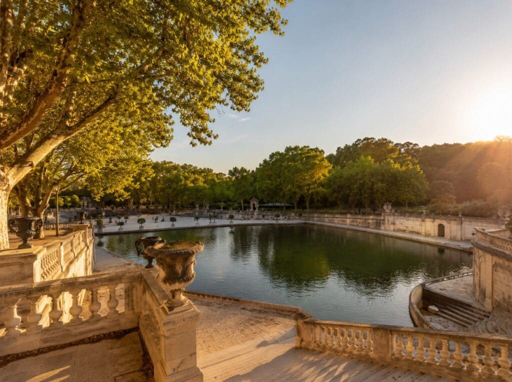 une photographie des bassins des Jardins de la Fontaine en fin d’après-midi (Nîmes)
