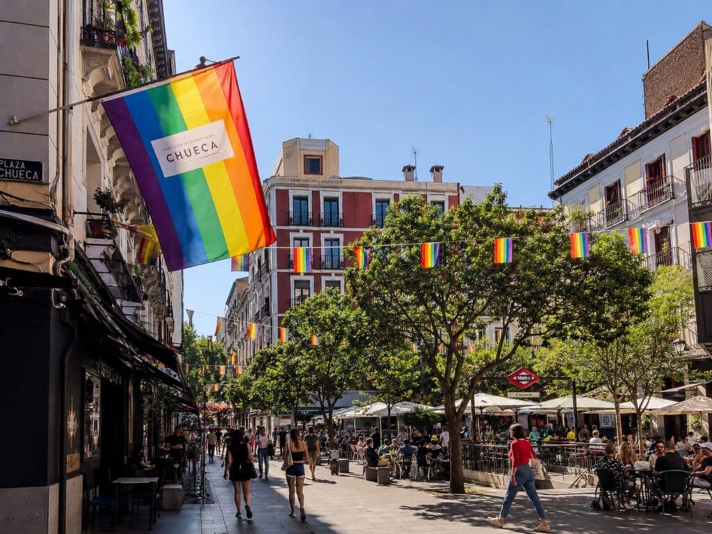 une photographie des drapeaux arc-en-ciel autour de la Plaza de Chueca (Madrid)
