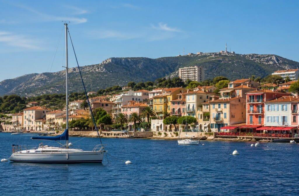 une photographie montrant la rade de Toulon depuis le Mourillon, avec la Méditerranée, des voiliers et les façades colorées du quartier