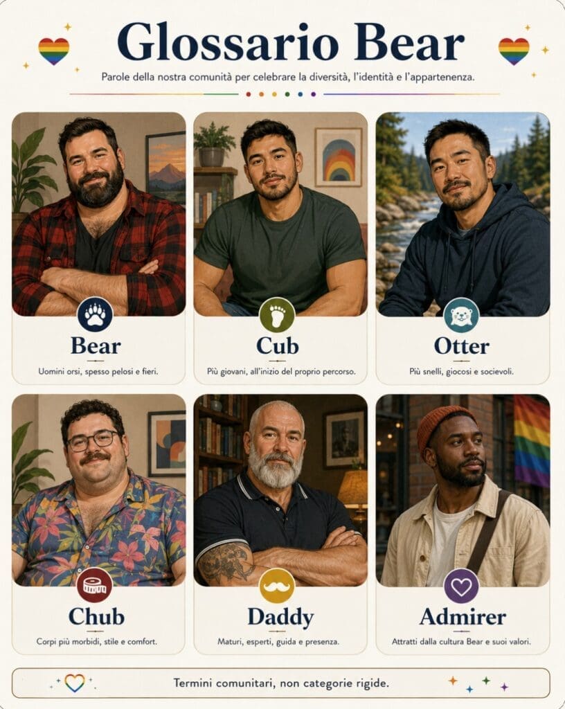un’infografica con i termini Bear, Cub, Otter, Chub, Daddy, Admirer, rappresentati con illustrazioni inclusive e non caricaturali