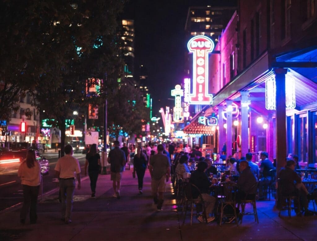 vibrant photo of the neon lights, outdoor patios, and street life on Mass Ave