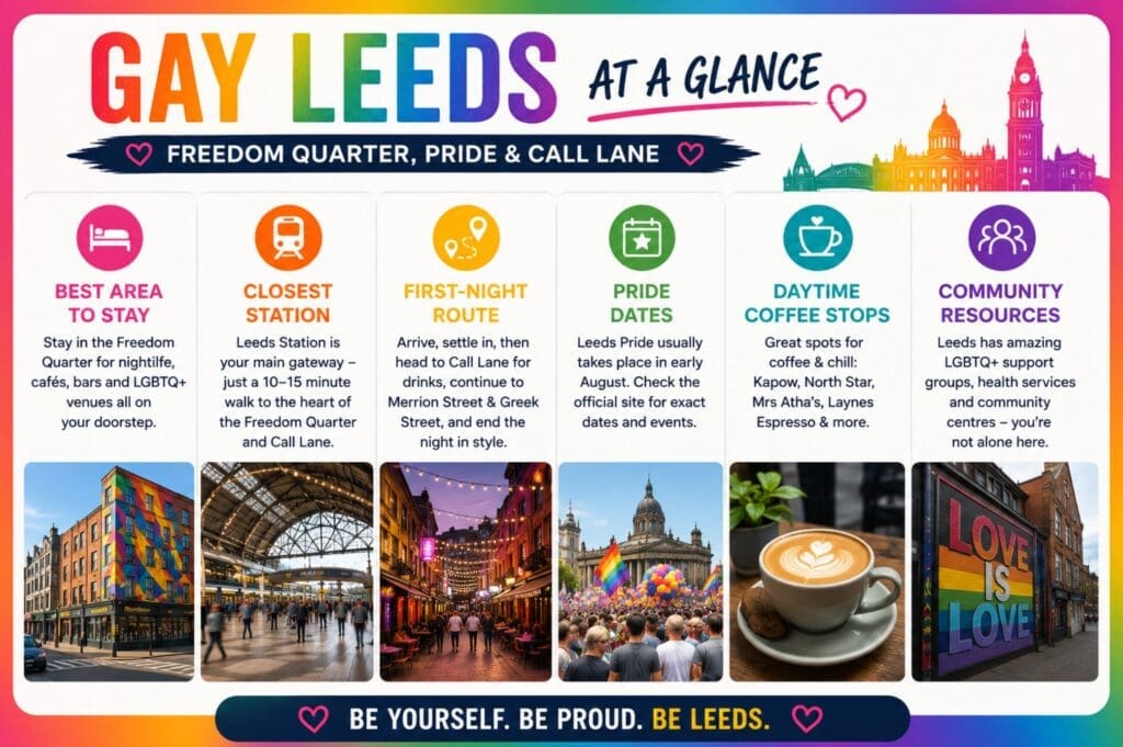 visual box: “Best area to stay, closest station, first-night route, Pride dates, daytime coffee stops, community resources” (leeds)