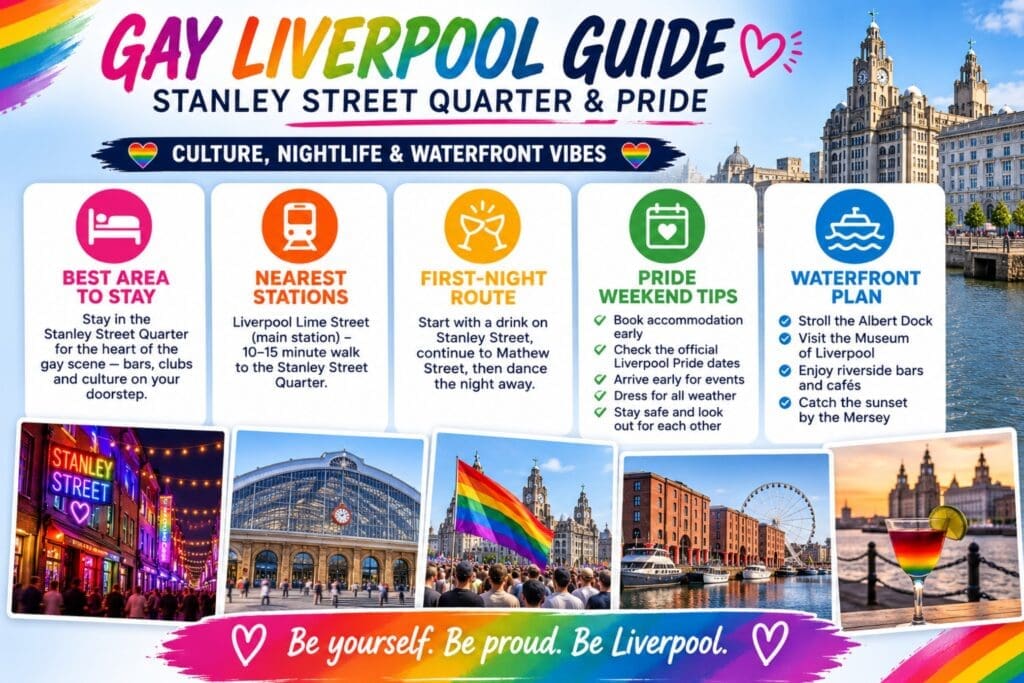 visual box: “Best area to stay, nearest stations, first-night route, Pride weekend tips, waterfront plan” (Liverpool)