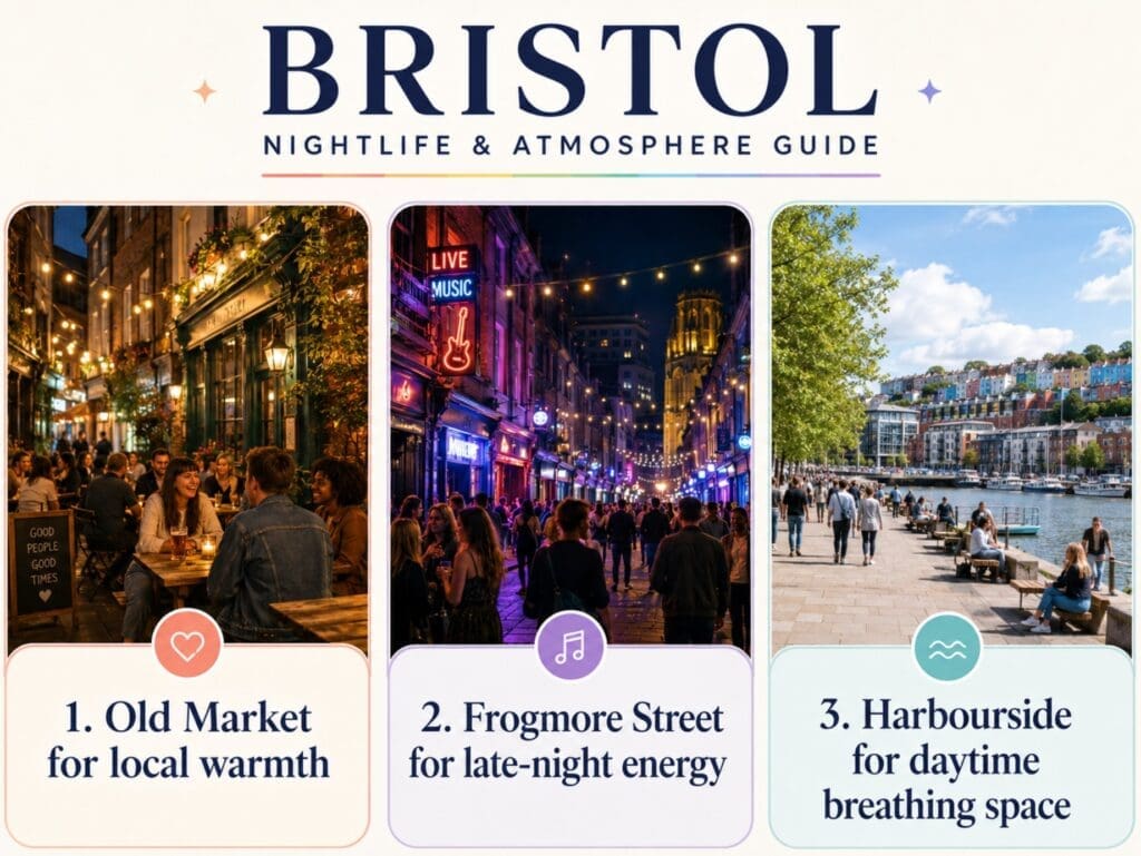 visual guide “Old Market for local warmth - Frogmore Street for late-night energy - Harbourside for daytime breathing space”