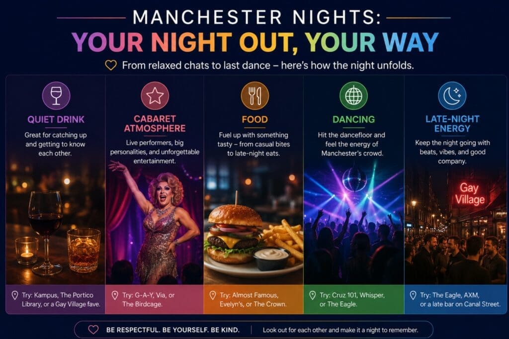 visual guide: “Quiet drink, cabaret atmosphere, food, dancing, late-night energy” (manchester)