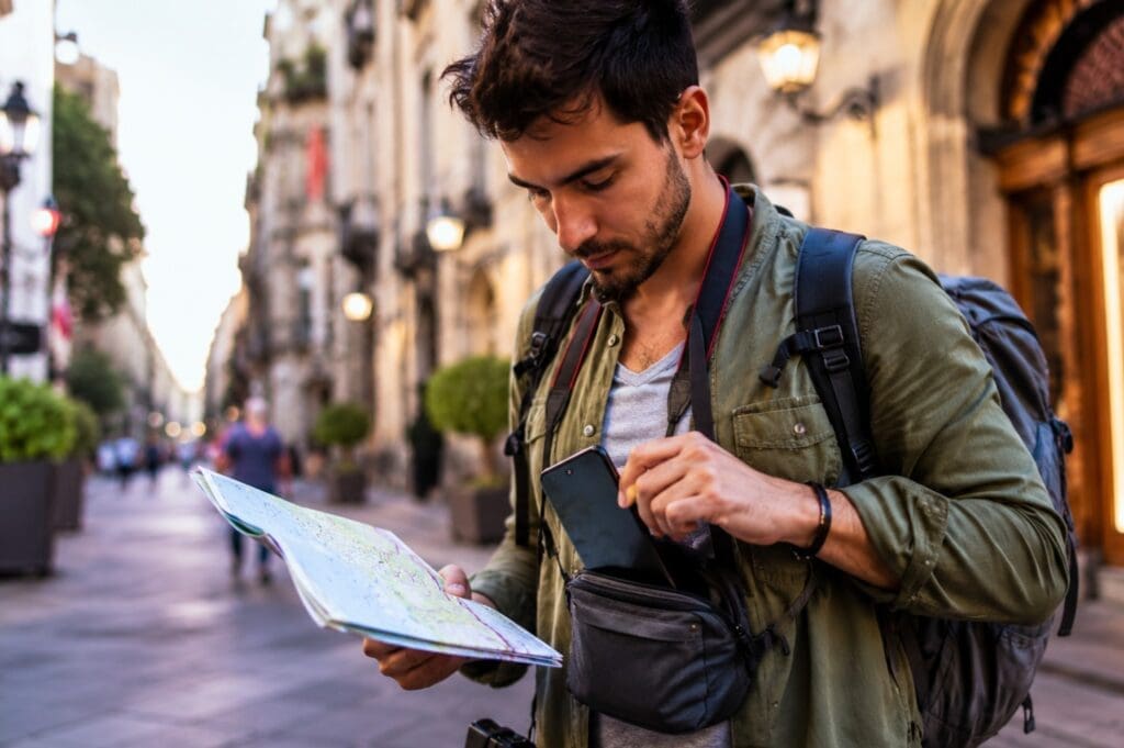 voyageur sécurisant son smartphone tout en consultant une carte